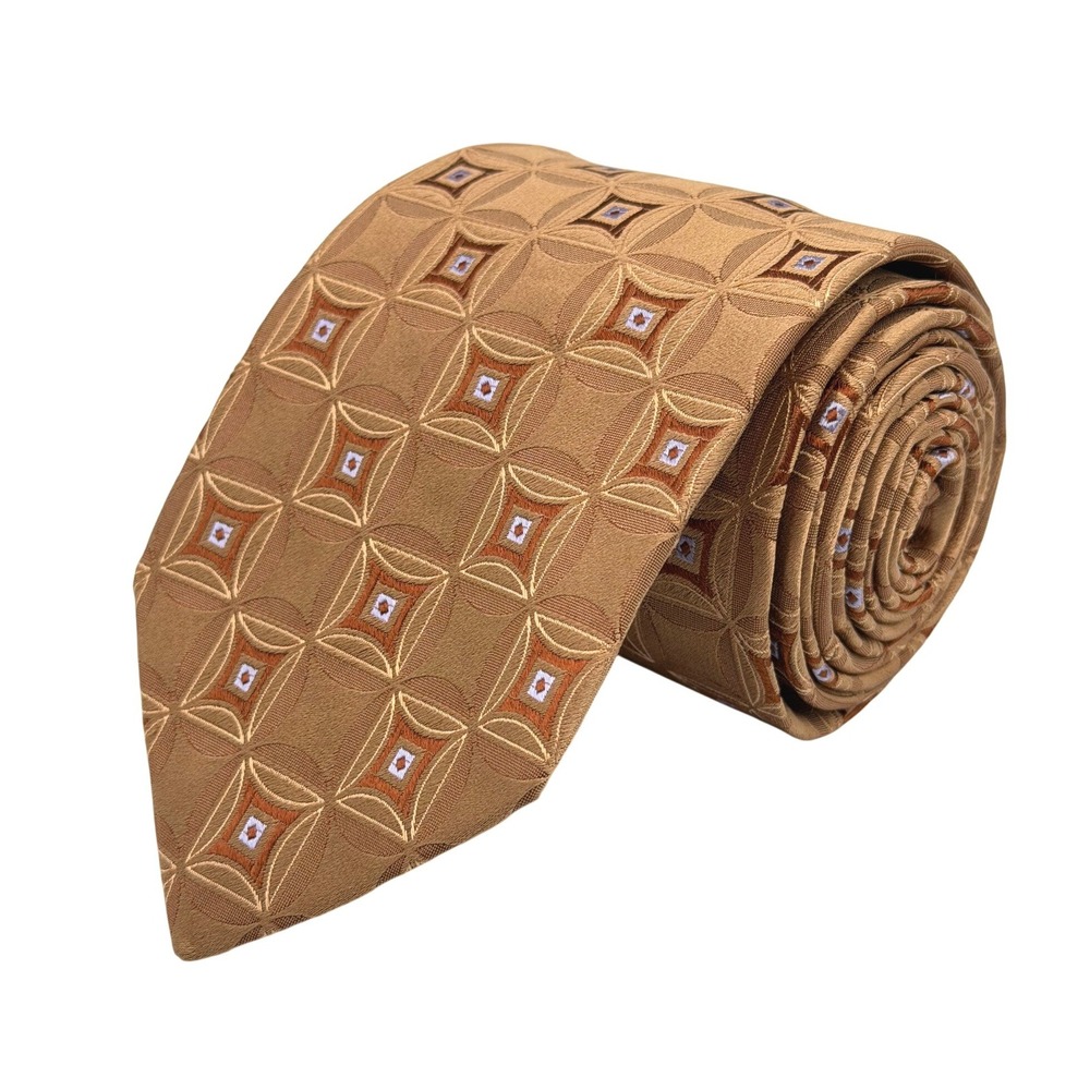 Ike Behar Jacquard Silk Medallion Gold Bronze Geometric‎ Mens Tie USA 58"L
